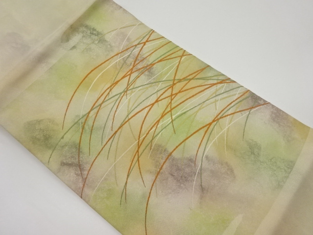 リサイクル　芝草に抽象模様織出し名古屋帯